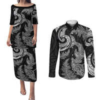 New Zealand Sea Animals with Maori Tribal Tattoo Couples Matching Puletasi and Long Sleeve Button Shirt Shark Manta Ray with Silver Fern Black