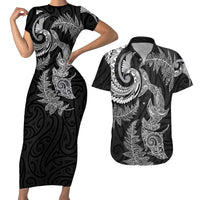 New Zealand Sea Animals with Maori Tribal Tattoo Couples Matching Short Sleeve Bodycon Dress and Hawaiian Shirt Shark Manta Ray with Silver Fern Black