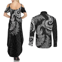 New Zealand Sea Animals with Maori Tribal Tattoo Couples Matching Summer Maxi Dress and Long Sleeve Button Shirt Shark Manta Ray with Silver Fern Black
