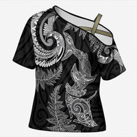 New Zealand Sea Animals with Maori Tribal Tattoo Cross Shoulder Shirt Shark Manta Ray with Silver Fern Black