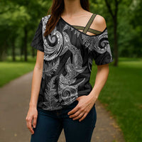 New Zealand Sea Animals with Maori Tribal Tattoo Cross Shoulder Shirt Shark Manta Ray with Silver Fern Black