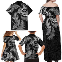 New Zealand Sea Animals with Maori Tribal Tattoo Family Matching Off Shoulder Maxi Dress and Hawaiian Shirt Shark Manta Ray with Silver Fern Black