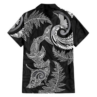 New Zealand Sea Animals with Maori Tribal Tattoo Family Matching Off Shoulder Short Dress and Hawaiian Shirt Shark Manta Ray with Silver Fern Black LT03 - Polynesian Pride