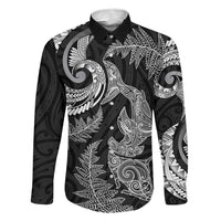New Zealand Sea Animals with Maori Tribal Tattoo Family Matching Off Shoulder Short Dress and Hawaiian Shirt Shark Manta Ray with Silver Fern Black LT03 Dad's Shirt - Long Sleeve Black - Polynesian Pride