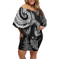 New Zealand Sea Animals with Maori Tribal Tattoo Family Matching Off Shoulder Short Dress and Hawaiian Shirt Shark Manta Ray with Silver Fern Black LT03 Mom's Dress Black - Polynesian Pride