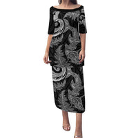 New Zealand Sea Animals with Maori Tribal Tattoo Family Matching Puletasi and Hawaiian Shirt Shark Manta Ray with Silver Fern Black