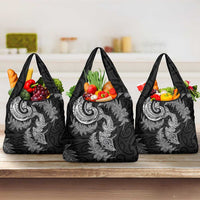 New Zealand Sea Animals with Maori Tribal Tattoo Grocery Bag Shark Manta Ray with Silver Fern Black