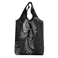 New Zealand Sea Animals with Maori Tribal Tattoo Grocery Bag Shark Manta Ray with Silver Fern Black