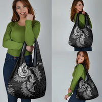 New Zealand Sea Animals with Maori Tribal Tattoo Grocery Bag Shark Manta Ray with Silver Fern Black
