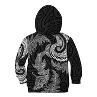 New Zealand Sea Animals with Maori Tribal Tattoo Kid Hoodie Shark Manta Ray with Silver Fern Black