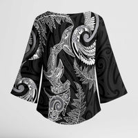 New Zealand Sea Animals with Maori Tribal Tattoo Kimono Sleeve Blouse Shark Manta Ray with Silver Fern Black