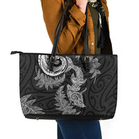New Zealand Sea Animals with Maori Tribal Tattoo Leather Tote Bag Shark Manta Ray with Silver Fern Black