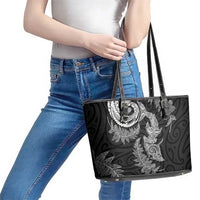 New Zealand Sea Animals with Maori Tribal Tattoo Leather Tote Bag Shark Manta Ray with Silver Fern Black