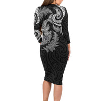 New Zealand Sea Animals with Maori Tribal Tattoo Long Sleeve Bodycon Dress Shark Manta Ray with Silver Fern Black
