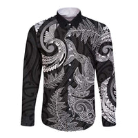 New Zealand Sea Animals with Maori Tribal Tattoo Long Sleeve Button Shirt Shark Manta Ray with Silver Fern Black
