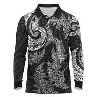 New Zealand Sea Animals with Maori Tribal Tattoo Long Sleeve Polo Shirt Shark Manta Ray with Silver Fern Black