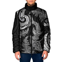 New Zealand Sea Animals with Maori Tribal Tattoo Padded Jacket Shark Manta Ray with Silver Fern Black