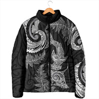 New Zealand Sea Animals with Maori Tribal Tattoo Padded Jacket Shark Manta Ray with Silver Fern Black