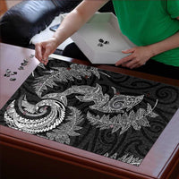 New Zealand Sea Animals with Maori Tribal Tattoo Puzzle Shark Manta Ray with Silver Fern Black