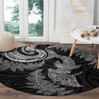 New Zealand Sea Animals with Maori Tribal Tattoo Round Carpet Shark Manta Ray with Silver Fern Black
