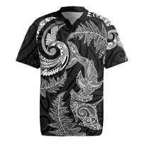 New Zealand Sea Animals with Maori Tribal Tattoo Rugby Jersey Shark Manta Ray with Silver Fern Black