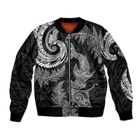 New Zealand Sea Animals with Maori Tribal Tattoo Sleeve Zip Bomber Jacket Shark Manta Ray with Silver Fern Black