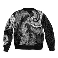New Zealand Sea Animals with Maori Tribal Tattoo Sleeve Zip Bomber Jacket Shark Manta Ray with Silver Fern Black