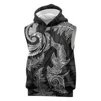 New Zealand Sea Animals with Maori Tribal Tattoo Sleeveless Hoodie Shark Manta Ray with Silver Fern Black