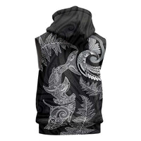 New Zealand Sea Animals with Maori Tribal Tattoo Sleeveless Zip Hoodie Shark Manta Ray with Silver Fern Black
