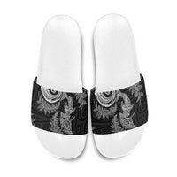 New Zealand Sea Animals with Maori Tribal Tattoo Slide Sandals Shark Manta Ray with Silver Fern Black
