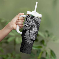 New Zealand Sea Animals with Maori Tribal Tattoo Tumbler With Handle Shark Manta Ray with Silver Fern Black