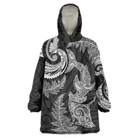 New Zealand Sea Animals with Maori Tribal Tattoo Wearable Blanket Hoodie Shark Manta Ray with Silver Fern Black