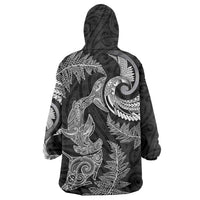 New Zealand Sea Animals with Maori Tribal Tattoo Wearable Blanket Hoodie Shark Manta Ray with Silver Fern Black