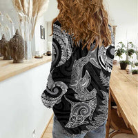 New Zealand Sea Animals with Maori Tribal Tattoo Women Casual Shirt Shark Manta Ray with Silver Fern Black
