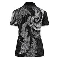 New Zealand Sea Animals with Maori Tribal Tattoo Women Polo Shirt Shark Manta Ray with Silver Fern Black LT03 - Polynesian Pride