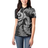 New Zealand Sea Animals with Maori Tribal Tattoo Women Polo Shirt Shark Manta Ray with Silver Fern Black LT03 - Polynesian Pride