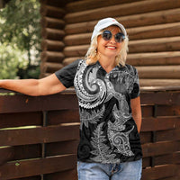 New Zealand Sea Animals with Maori Tribal Tattoo Women Polo Shirt Shark Manta Ray with Silver Fern Black LT03 - Polynesian Pride