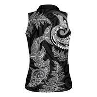 New Zealand Sea Animals with Maori Tribal Tattoo Women Sleeveless Polo Shirt Shark Manta Ray with Silver Fern Black
