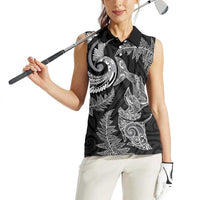 New Zealand Sea Animals with Maori Tribal Tattoo Women Sleeveless Polo Shirt Shark Manta Ray with Silver Fern Black