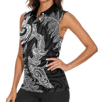 New Zealand Sea Animals with Maori Tribal Tattoo Women Sleeveless Polo Shirt Shark Manta Ray with Silver Fern Black