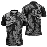 New Zealand Sea Animals with Maori Tribal Tattoo Zipper Polo Shirt Shark Manta Ray with Silver Fern Black