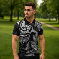 New Zealand Sea Animals with Maori Tribal Tattoo Zipper Polo Shirt Shark Manta Ray with Silver Fern Black