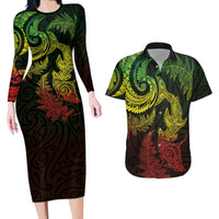 New Zealand Sea Animals with Maori Tribal Tattoo Couples Matching Long Sleeve Bodycon Dress and Hawaiian Shirt Shark Manta Ray with Silver Fern Reggae LT03 Reggae - Polynesian Pride