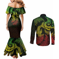 New Zealand Sea Animals with Maori Tribal Tattoo Couples Matching Mermaid Dress and Long Sleeve Button Shirt Shark Manta Ray with Silver Fern Reggae
