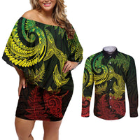 New Zealand Sea Animals with Maori Tribal Tattoo Couples Matching Off Shoulder Short Dress and Long Sleeve Button Shirt Shark Manta Ray with Silver Fern Reggae