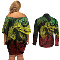 New Zealand Sea Animals with Maori Tribal Tattoo Couples Matching Off Shoulder Short Dress and Long Sleeve Button Shirt Shark Manta Ray with Silver Fern Reggae