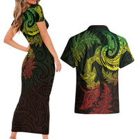 New Zealand Sea Animals with Maori Tribal Tattoo Couples Matching Short Sleeve Bodycon Dress and Hawaiian Shirt Shark Manta Ray with Silver Fern Reggae