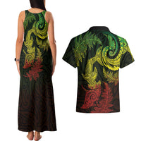 New Zealand Sea Animals with Maori Tribal Tattoo Couples Matching Tank Maxi Dress and Hawaiian Shirt Shark Manta Ray with Silver Fern Reggae