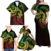 New Zealand Sea Animals with Maori Tribal Tattoo Family Matching Off Shoulder Maxi Dress and Hawaiian Shirt Shark Manta Ray with Silver Fern Reggae
