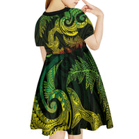 New Zealand Sea Animals with Maori Tribal Tattoo Kid Short Sleeve Dress Shark Manta Ray with Silver Fern Reggae